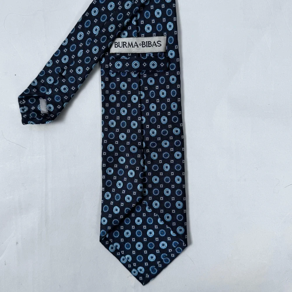 Burma Bibas Men’s Necktie 100% Silk Stylish Dark Gray and Blue Geometric Tie